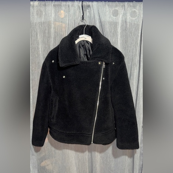 $378 Rebecca Minkoff Teddy Black Moto Biker Aviator Faux Fur Jacket Coat size S​ - Picture 6 of 9